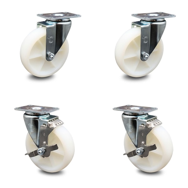 5 Inch Nylon Wheel Swivel Top Plate Caster Set with 2 Brakes
